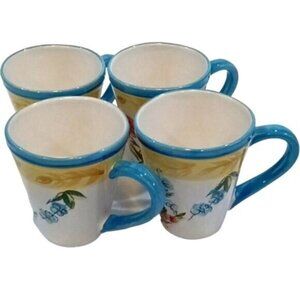 Vintage Pier 1 Imports 'Provence' Hand-painted Earthenware Coffee Mugs Set of 4